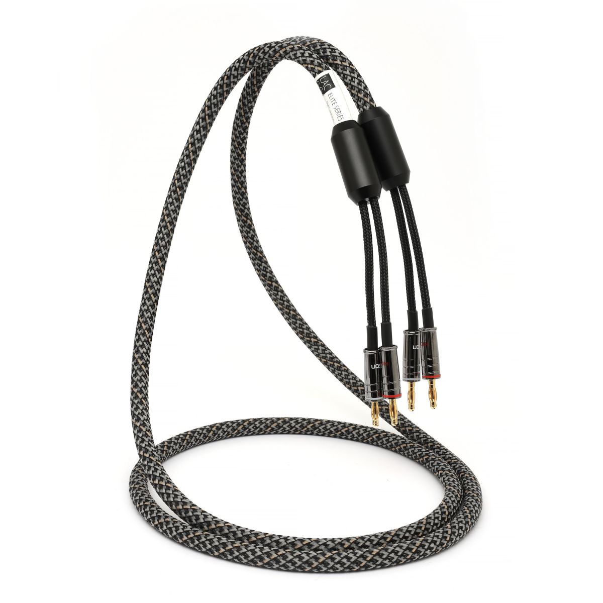 Braided gray-and-black 3.5mm stereo splitter cable with three gold-plated male connectors at one end.