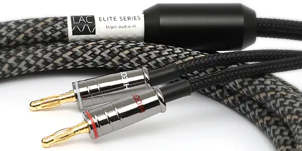 Close-up of LAC Elite Series braided audio cables with gold-plated RCA plugs (red and white accents).