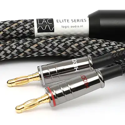 Two gold-plated banana plugs connected to a thick braided audio cable, featuring LAC Elite Series branding.