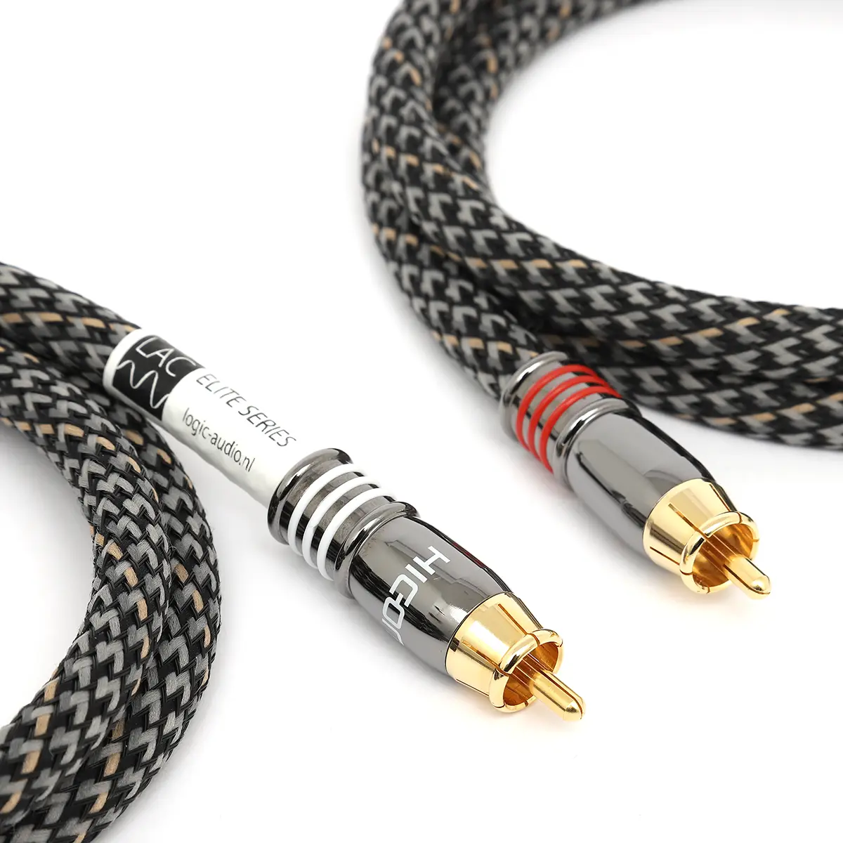 Close-up of two gold-plated RCA audio plugs on braided black cables, with red and white color rings for right/left channels.