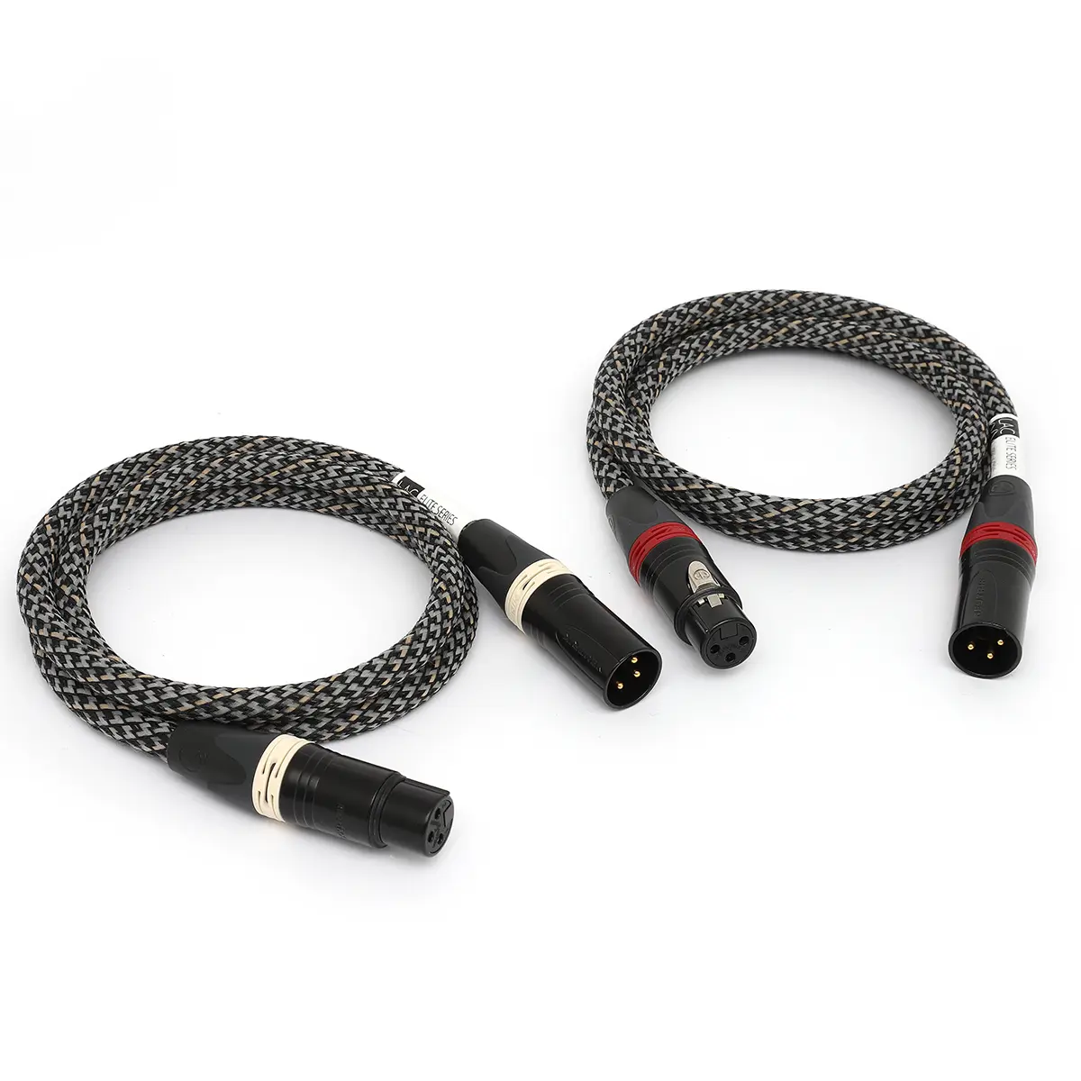 Two braided XLR audio cables with circular 3-pin connectors (male and female), coiled on a white background.