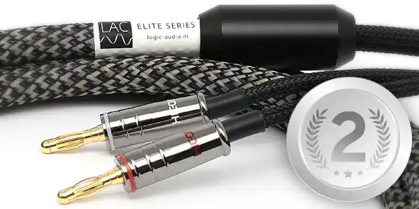 Close-up of LAC Elite Series braided audio cables with gold-plated RCA plugs (red and white accents).